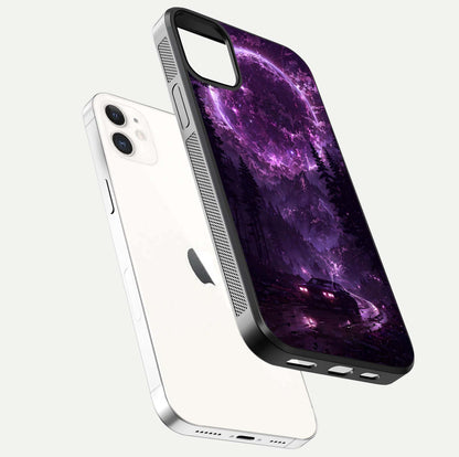 Eternal Cosmic Drive Glass Case for iphone-12 floating mockup showing glossy polish and vivid glow