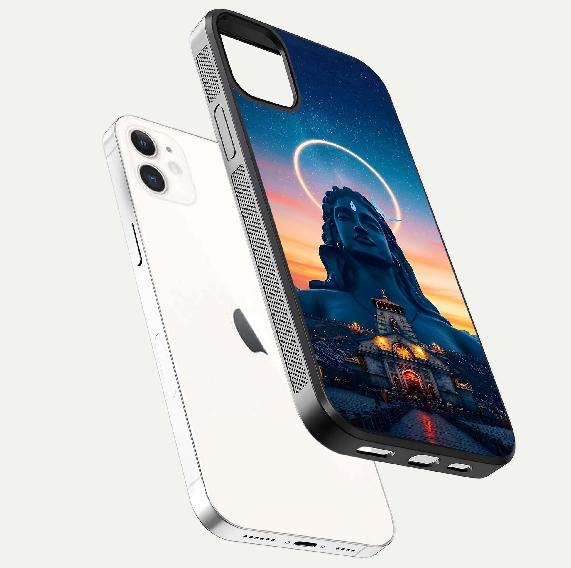 Eternal Shiva Aura Glass Case for iphone-12 floating mockup showing gloss texture and spiritual glow
