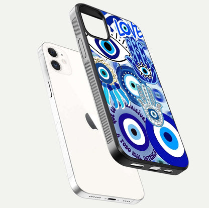 Evil Eyes Dream Glass Case for iphone-12 floating mockup showing glossy shine and elegant pattern clarity