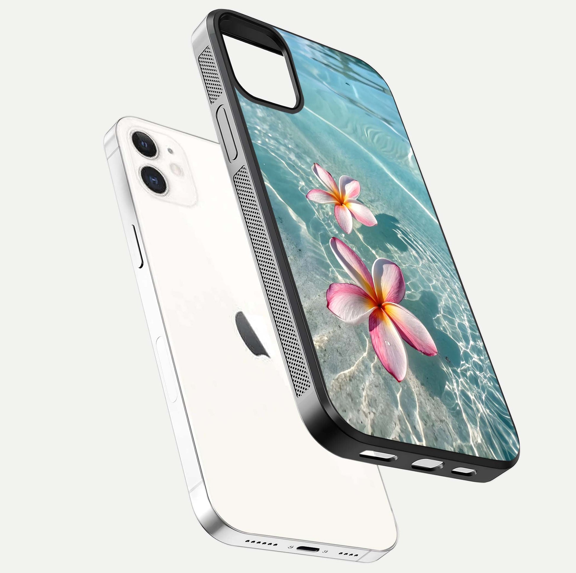 Floating Bloom Bliss Glass Case for iphone-12 floating mockup showing HD gloss shine and floral texture