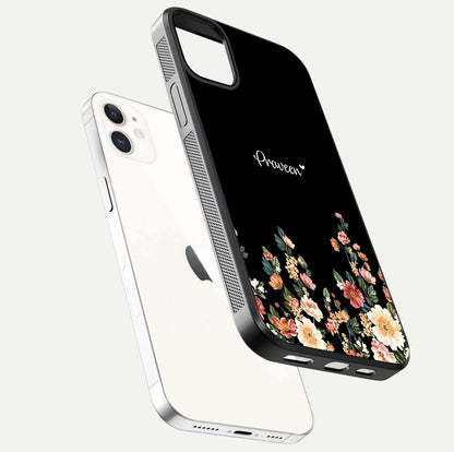 Floral Design Personalized Custom Name Glass Case for iphone-12 floating mockup showing reflection polish and vivid colors