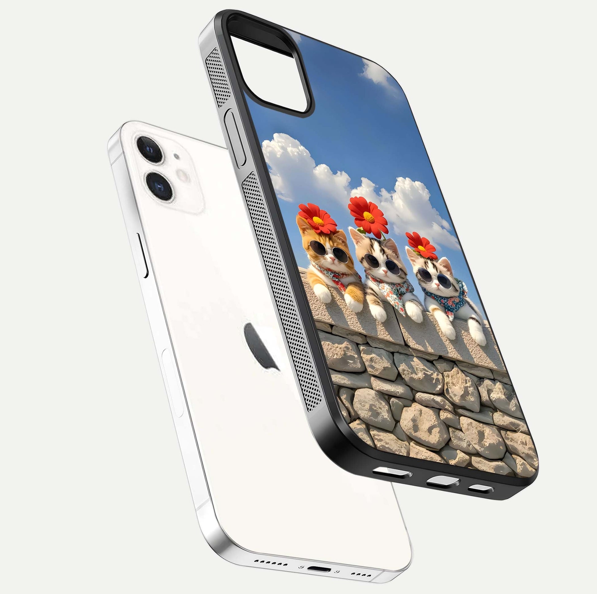 Floral Kitty Squad Glass Case for iphone-12 floating mockup showing gloss texture and playful charm