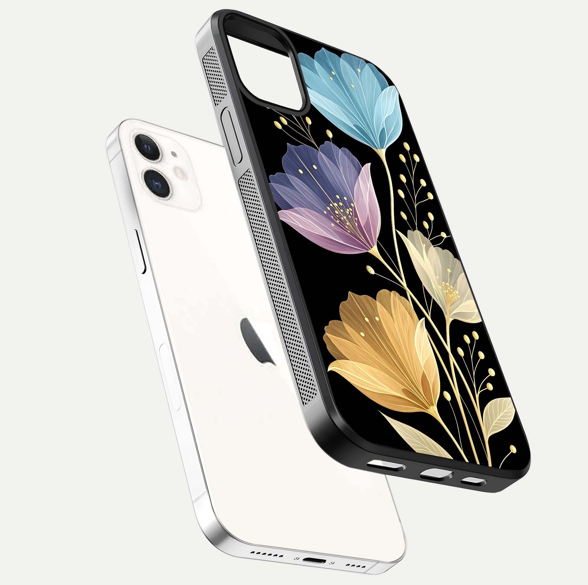 Flower Bloom Glow Glass Case for iphone-12 floating mockup showing HD shine and artistic detail
