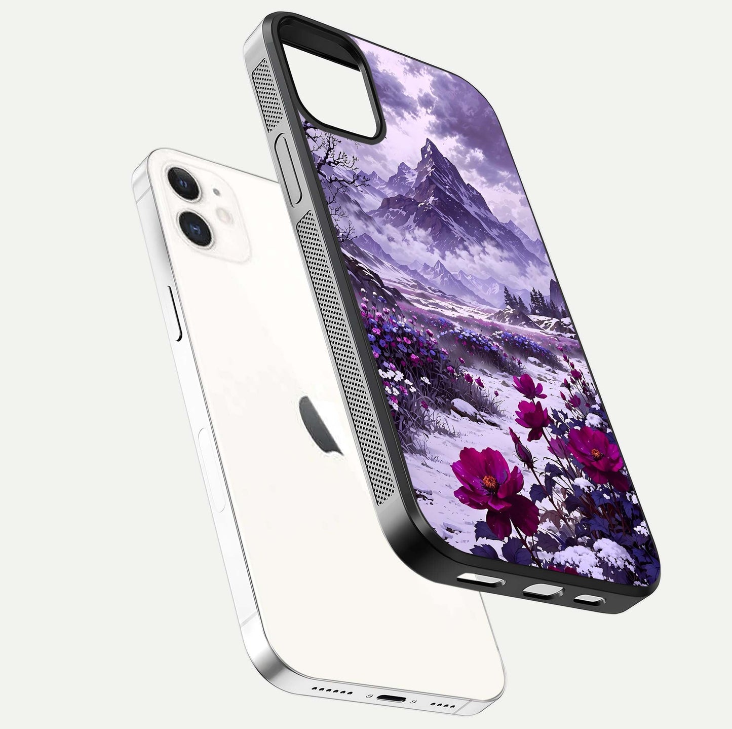 Flower Mountain View Glass Case for iphone-12 floating mockup showing reflection glow and artistic clarity