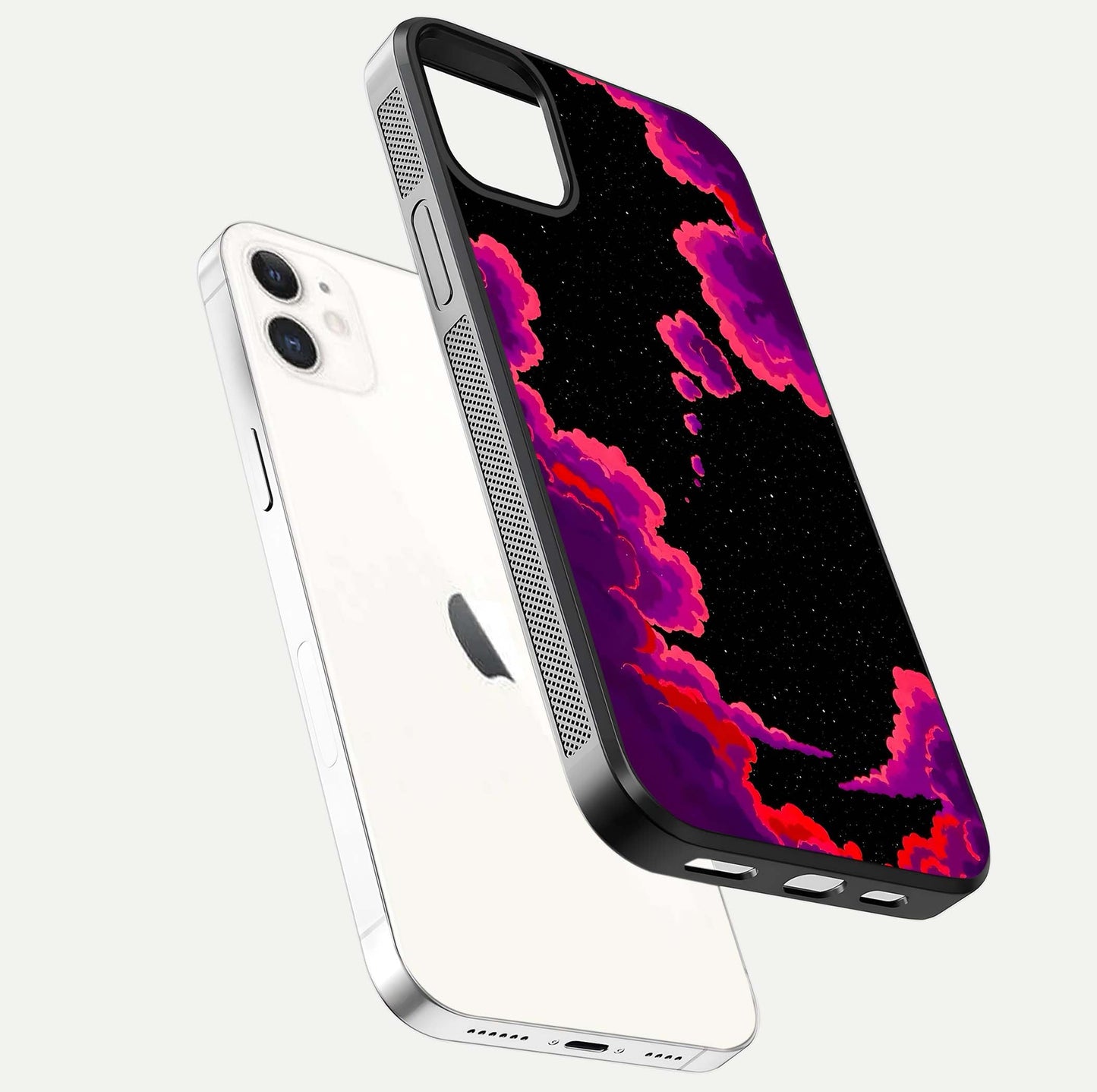 Galaxy Dream Frame Glass Case for iphone-12 floating dual-view mockup showing vibrant gloss and space-themed tones