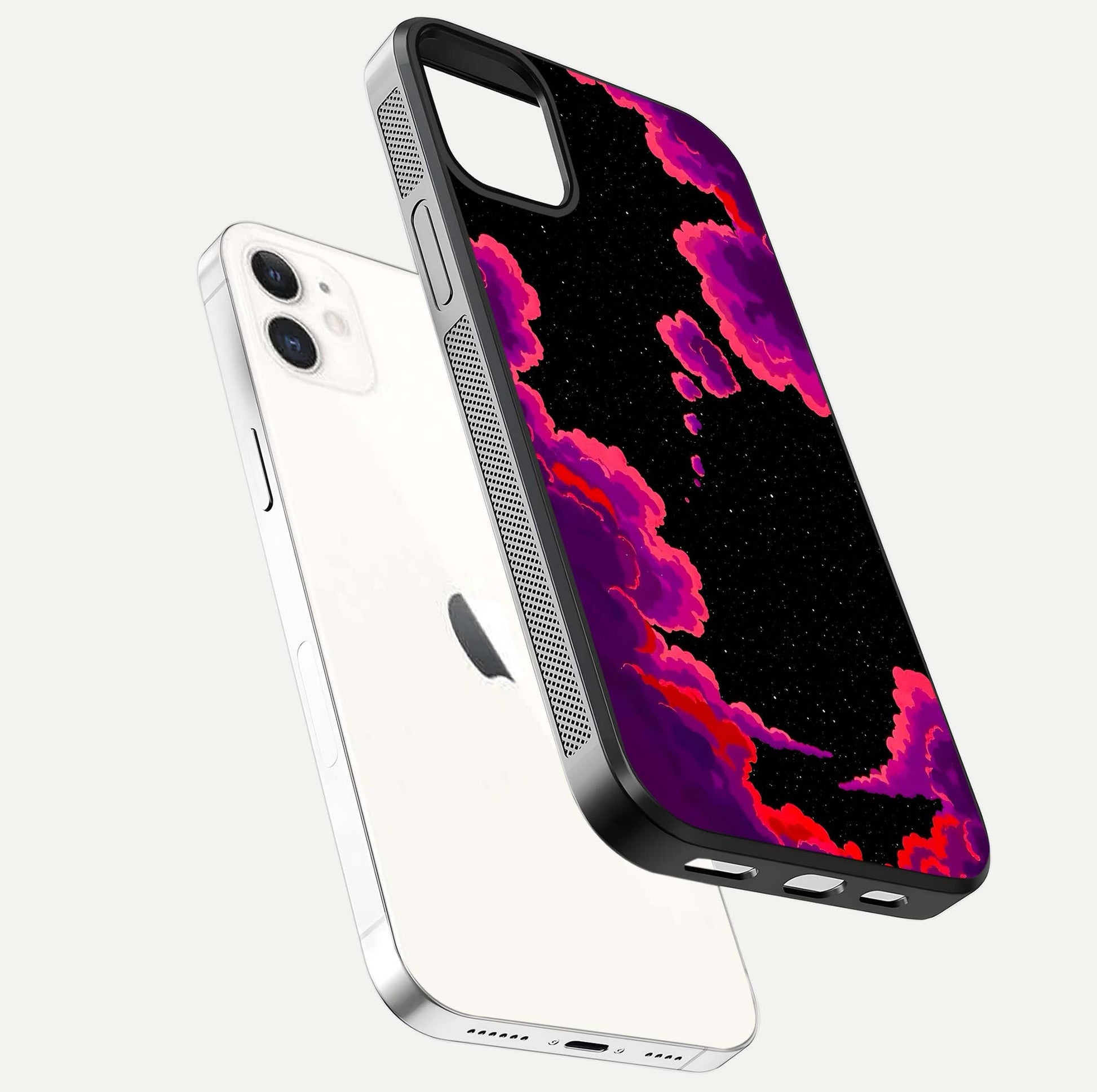 Galaxy Dream Frame Glass Case for iphone-12 floating dual-view mockup showing vibrant gloss and space-themed tones