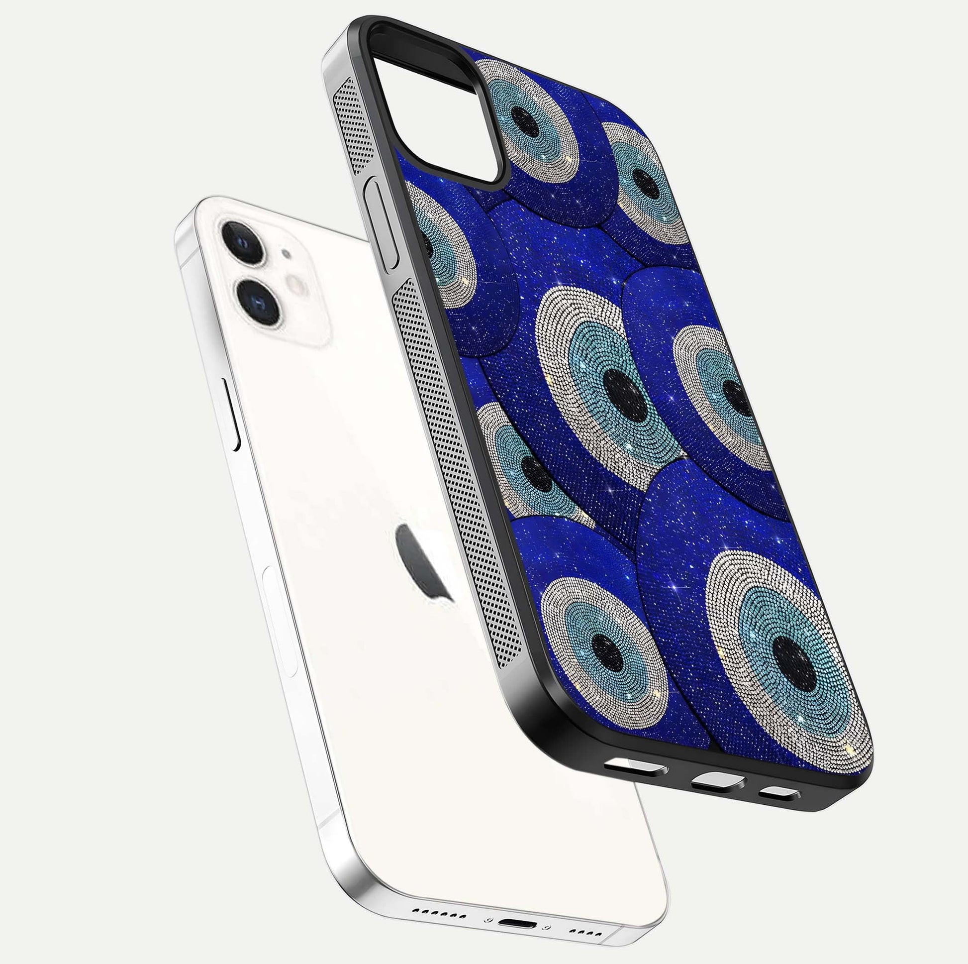 Galaxy Eye Flow Glass Case for iphone-12 floating dual-view mockup showing gloss polish and glowing tones