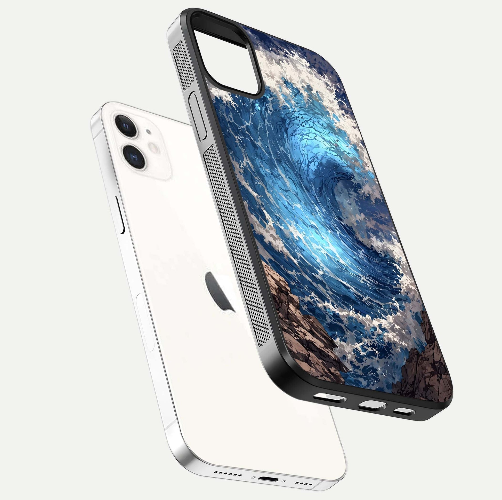 Giant Ocean Wave Glass Case for iphone-12 floating dual-view mockup showing glossy depth and aquatic blue gradient