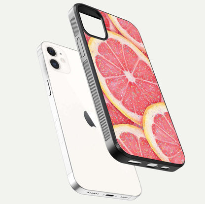 Glitter Grapefruit Glass Case for iphone-12 floating dual-view mockup showing HD gloss and fresh color detail