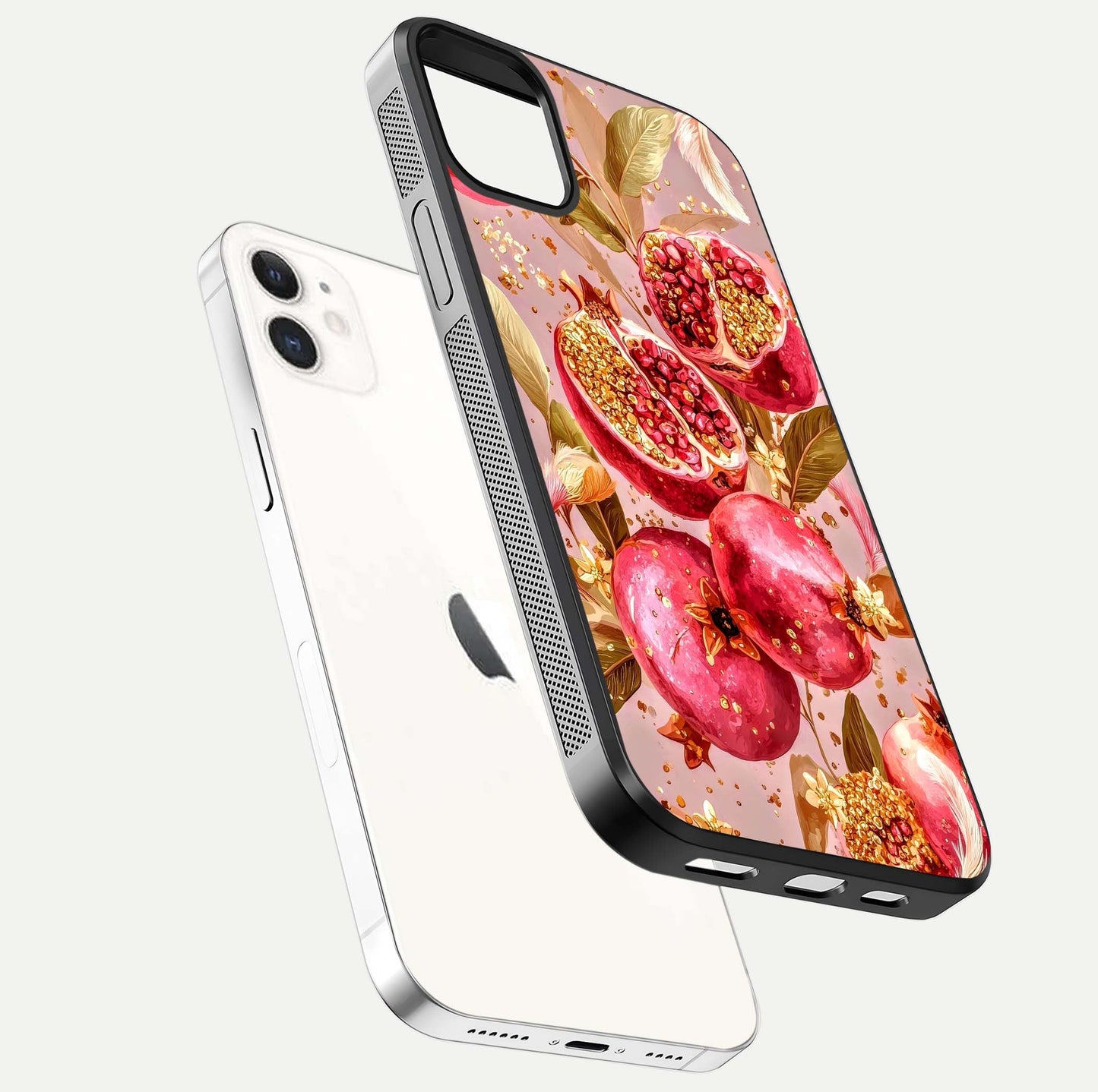Golden Bloom Glow Glass Case for iphone-12 floating dual-view mockup showing glossy shine and golden shimmer