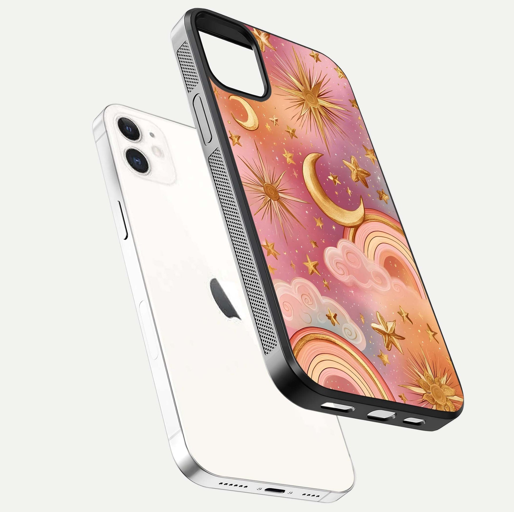 Golden Celestial Dreams Glass Case for iphone-12 floating dual-view mockup showing gloss surface and dream-like glow