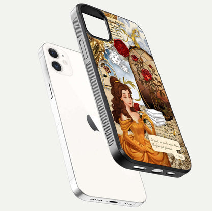 Golden Dream Belle Glass Case for iphone-12 floating dual-view mockup highlighting gloss texture and elegant shimmer