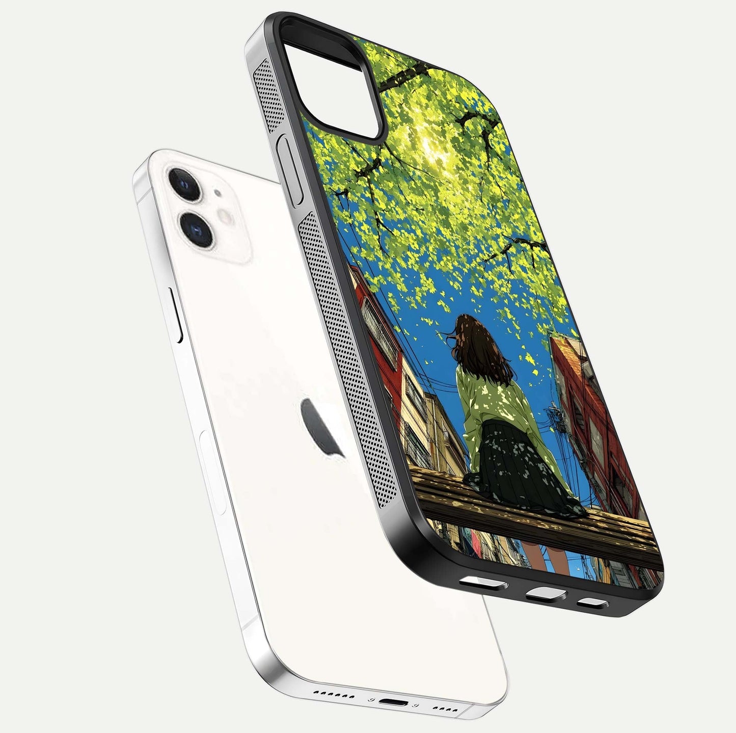 Golden Leaves Glow Glass Case for iphone-12 floating dual-view mockup showing gloss depth and gold-leaf detail