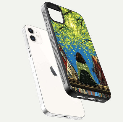 Golden Leaves Glow Glass Case for iphone-12 floating dual-view mockup showing gloss depth and gold-leaf detail