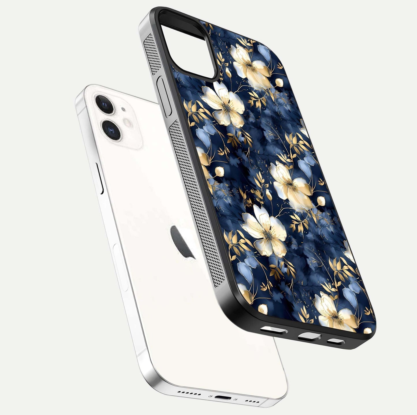 Golden Midnight Bloom Glass Case for iphone-12 floating dual-view mockup showing gloss polish and metallic reflection