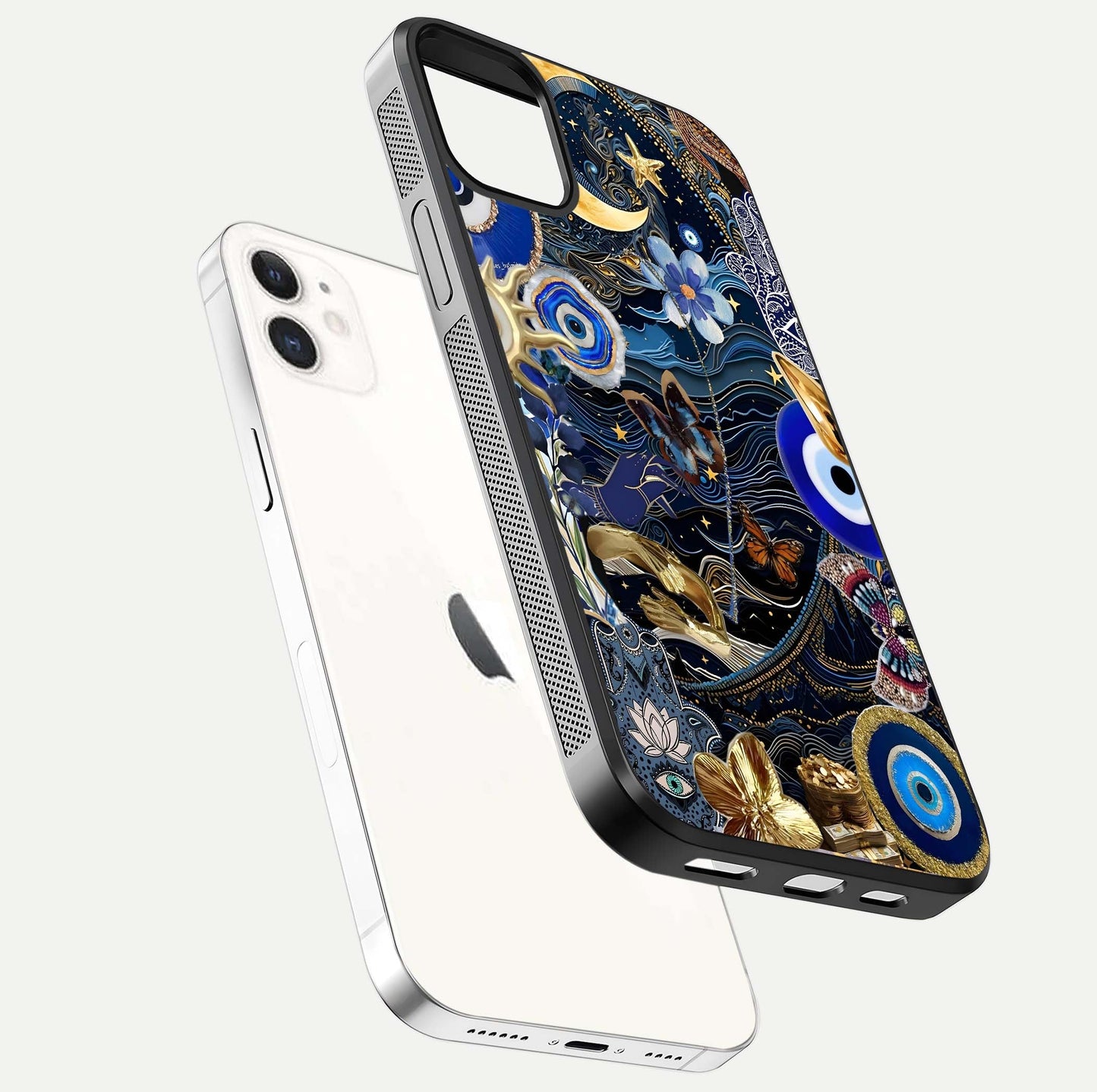 Golden Moon Magic Glass Case for iphone-12 floating dual-view mockup showing gloss texture and golden illumination