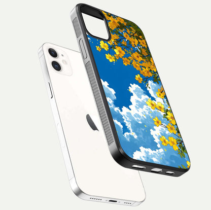 Golden Petal Sky Glass Case for iphone-12 floating dual-view mockup showing gloss brilliance and gold detail
