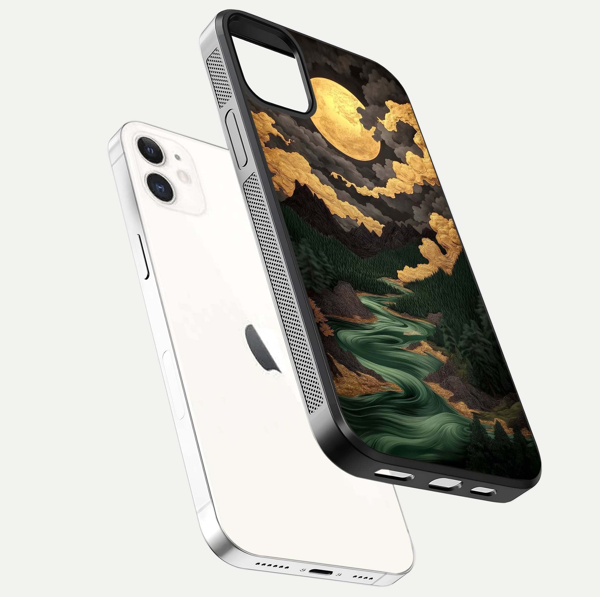 Golden River Moon Glass Case for iphone-12 floating dual-view mockup showing gloss surface and luxury tone