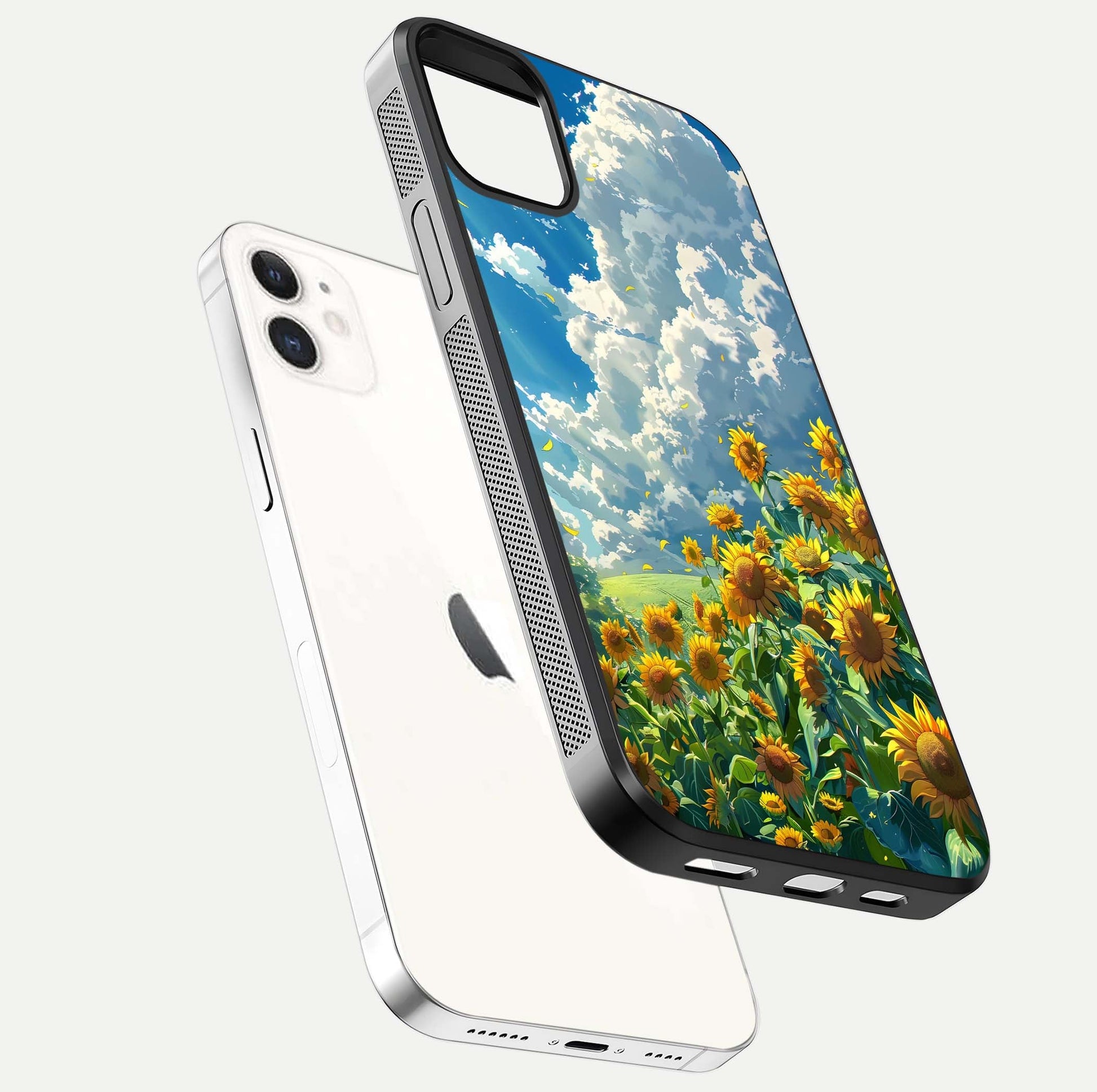 Golden Sun Glory Glass Case for iphone-12 floating dual-view mockup showing gloss shine and premium surface