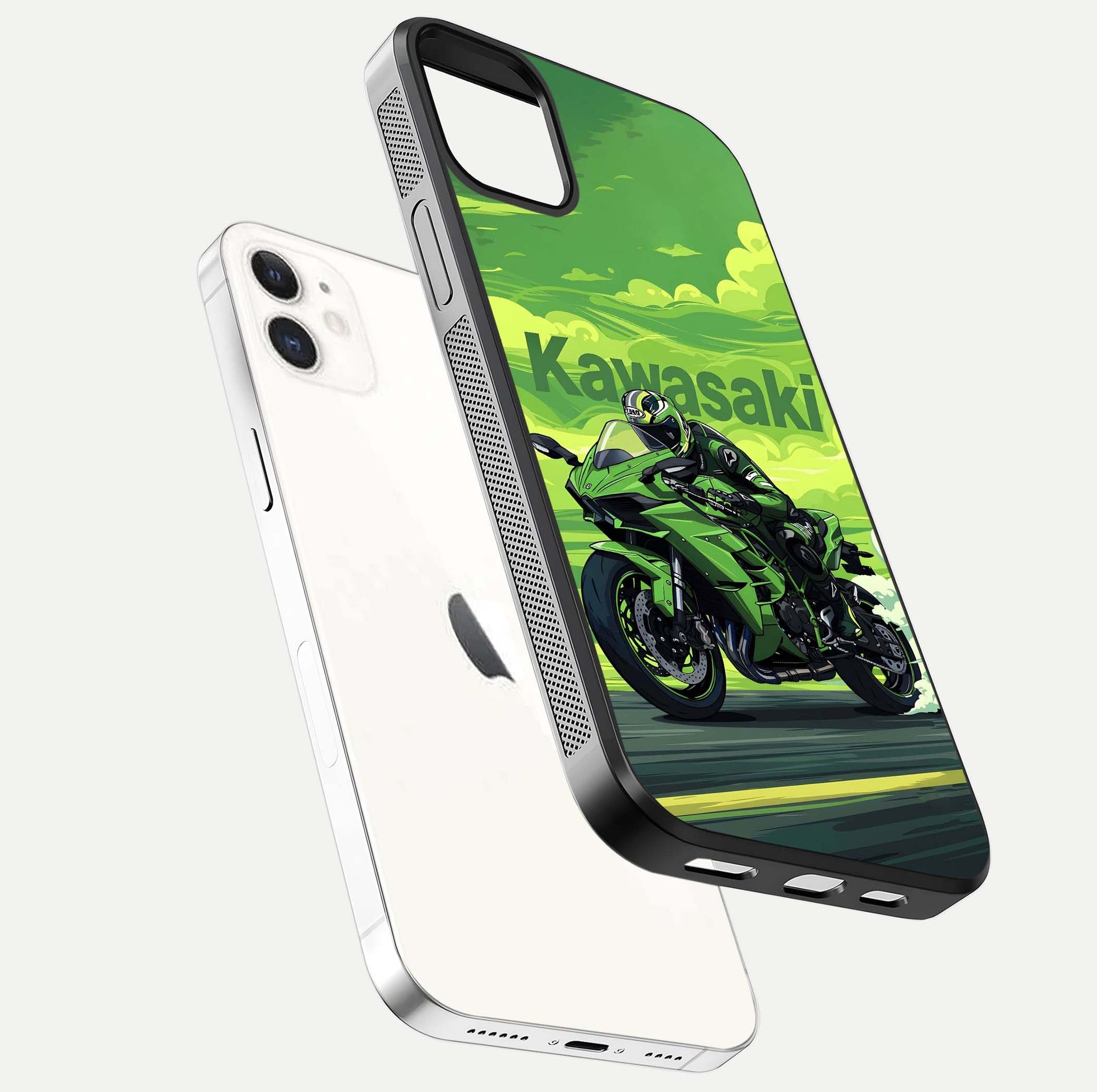 Green Kawasaki Glass Case for iphone-12 floating dual-view mockup showing gloss surface and power-bike theme