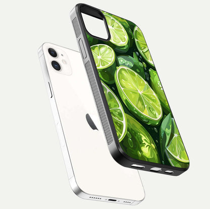 Green Lemon Glass Case for iphone-12 floating dual-view mockup showing glossy surface and fruity freshness