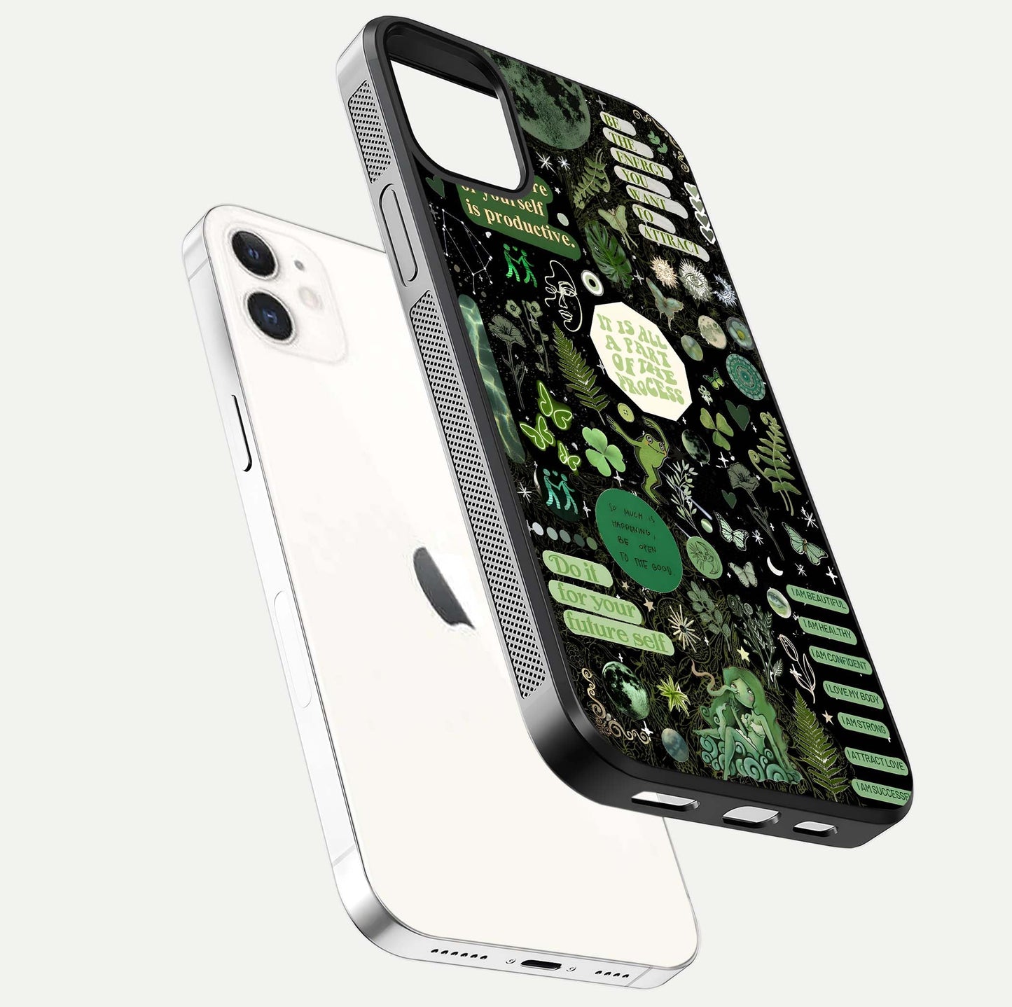 Green Moon Energy Glass Case for iphone-12 floating dual-view mockup showing glossy texture and energy aura