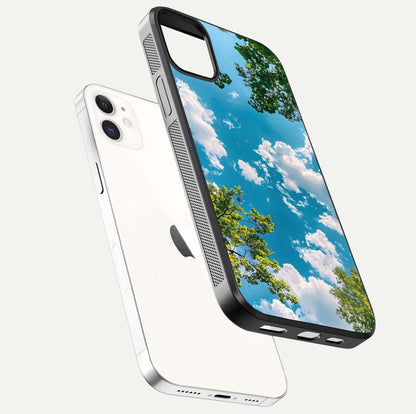 Greenery Sky Glass Case for iphone-12 floating dual-view mockup showing glossy shine and soft natural tones