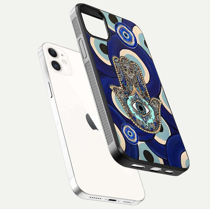 Hamsa Divine Guard Glass Case for iphone-12 floating dual-view mockup showing gloss shine and mystical pattern