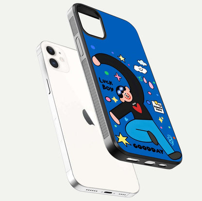Happy Luck Vibe Glass Case for iphone-12 floating dual-view mockup showing glossy tone and bright finish