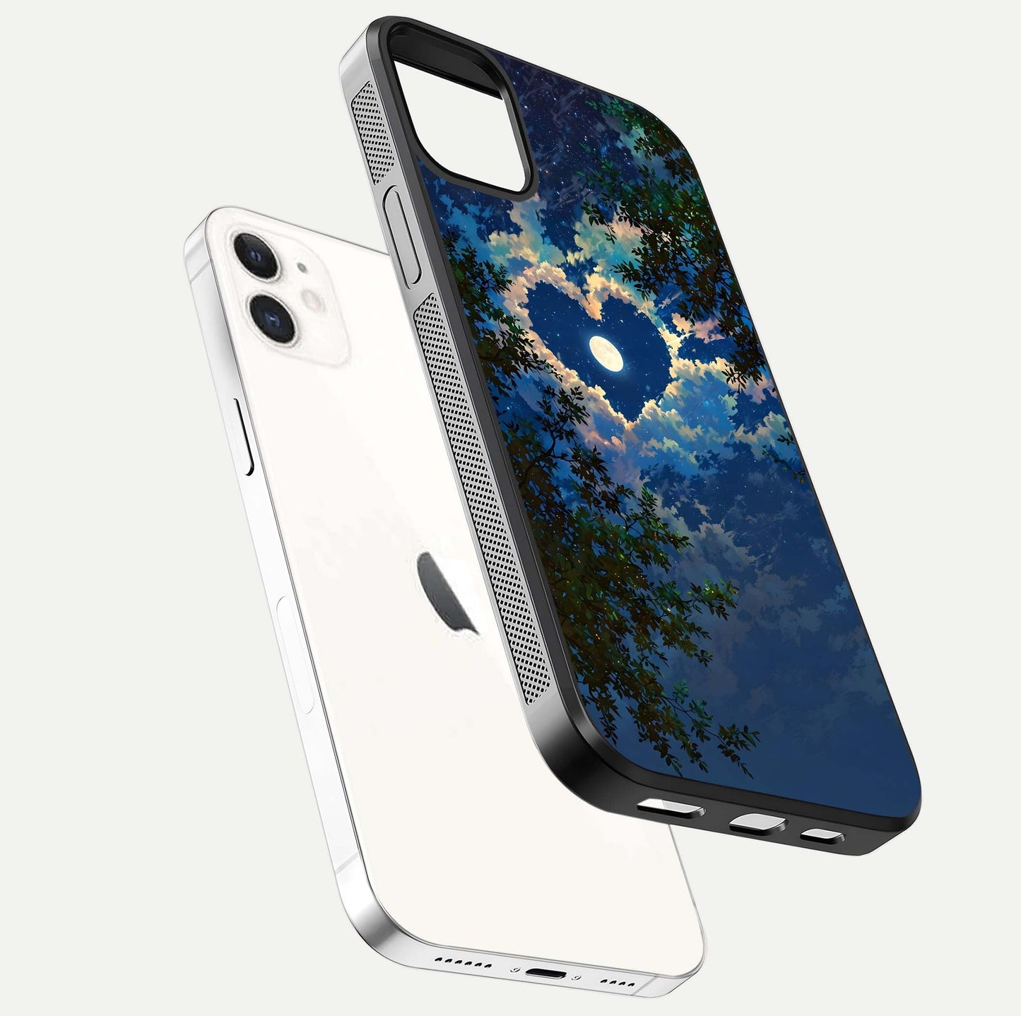 Heart with Moon Sky Glass Case for iphone-12 floating dual-view mockup showing gloss texture and romantic sky glow