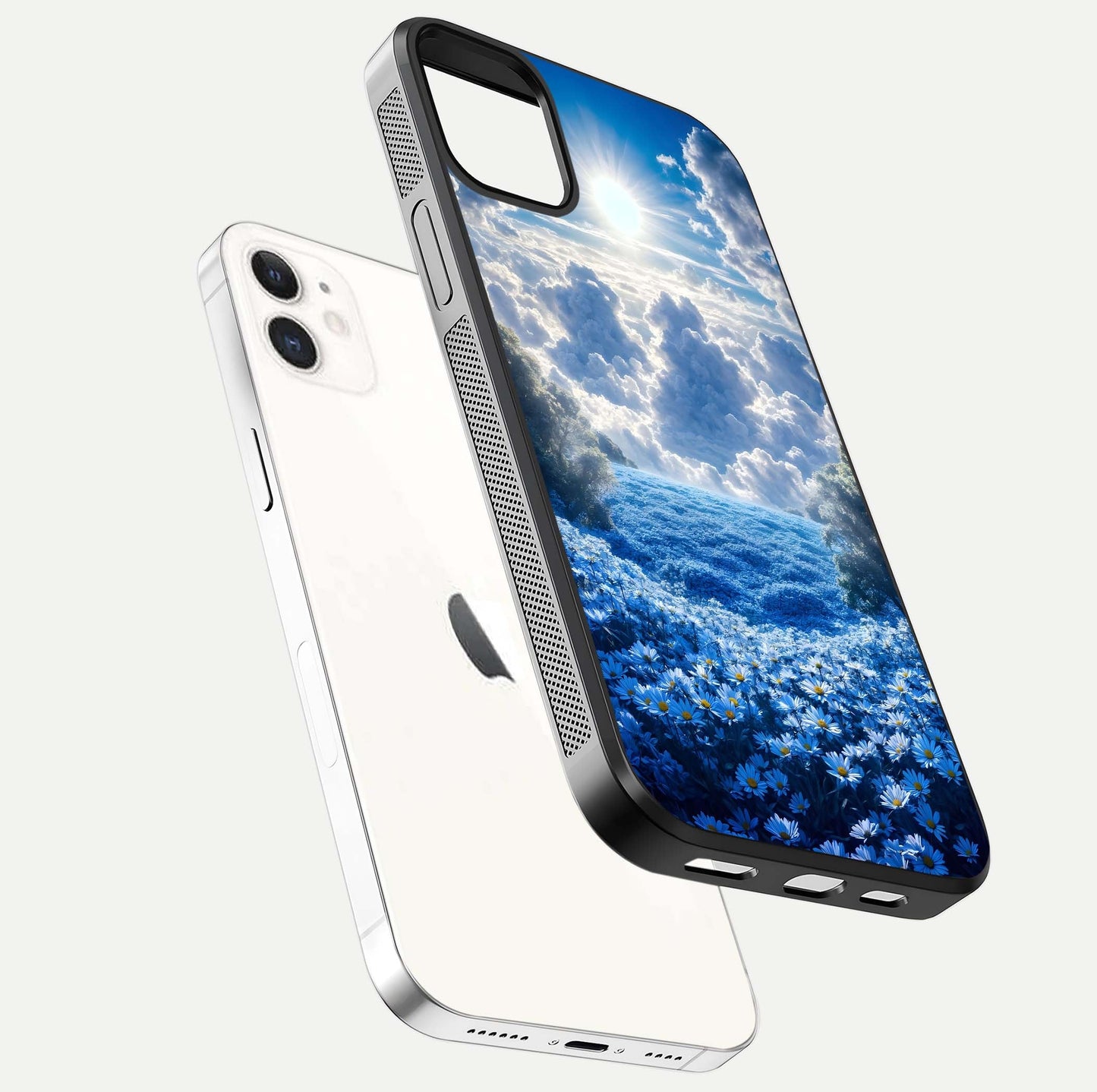 Heavenly Daisy Horizon Glass Case for iphone-12 floating dual-view mockup showing gloss polish and soft pastel background