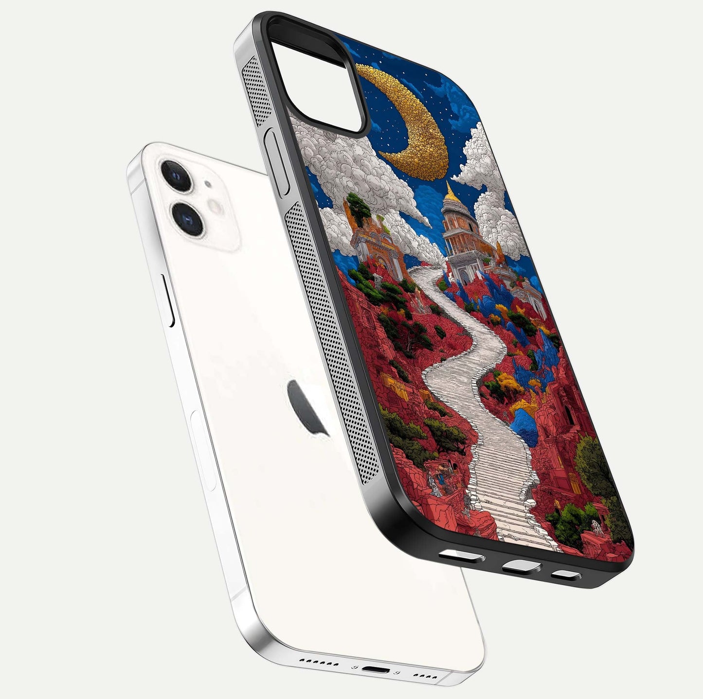 Heavenly Moon Path Glass Case for iphone-12 floating dual-view mockup showing gloss surface and celestial pathway