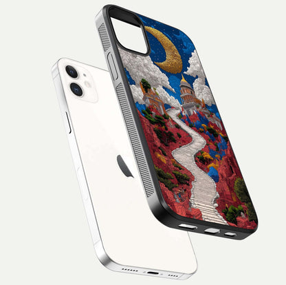 Heavenly Moon Path Glass Case for iphone-12 floating dual-view mockup showing gloss surface and celestial pathway