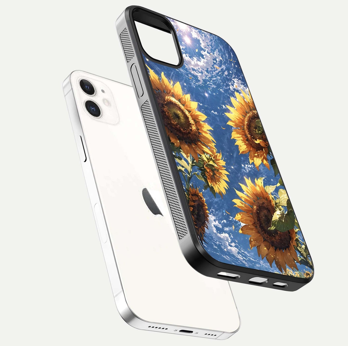 Heavenly Sunflower Rise Glass Case for iphone-12 floating dual-view mockup showing gloss brightness and morning-light feel