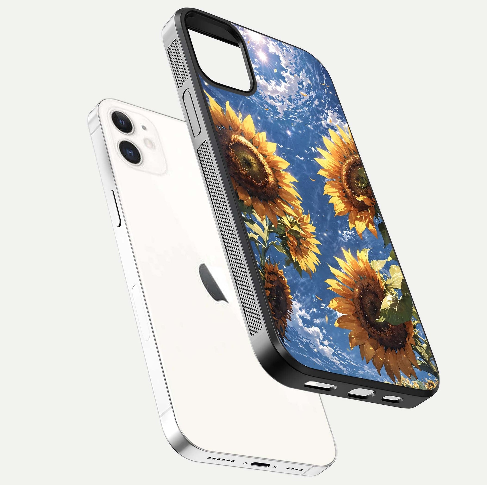Heavenly Sunflower Rise Glass Case for iphone-12 floating dual-view mockup showing gloss brightness and morning-light feel
