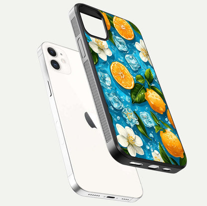 Ice Cube With Orange Glass Case for iphone-12 floating dual-view mockup showing glossy shine and cool refreshing tone