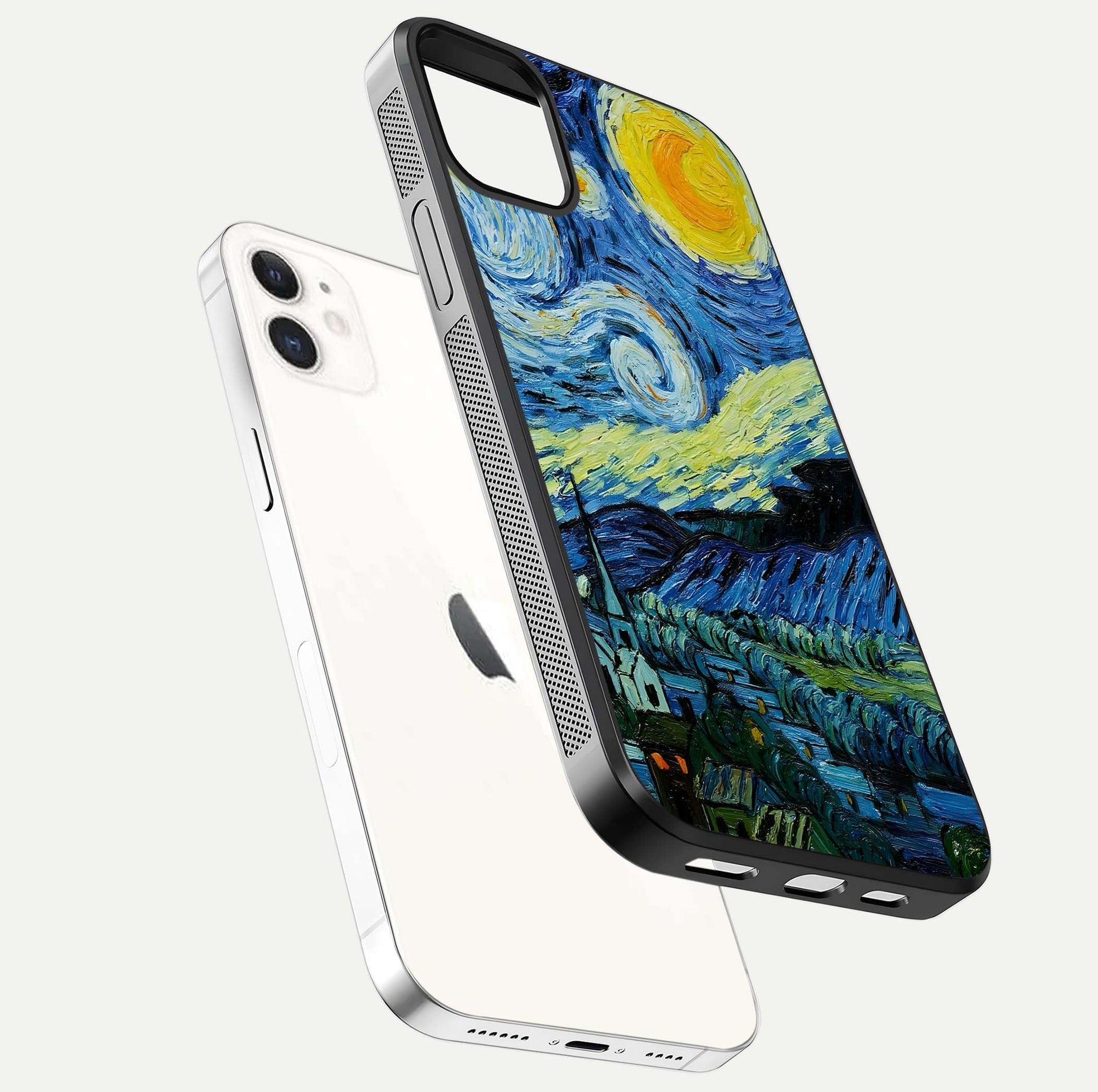 Inspired Van Gogh Art Glass Case for iphone-12 floating dual-view mockup showing gloss depth and artistic reflection