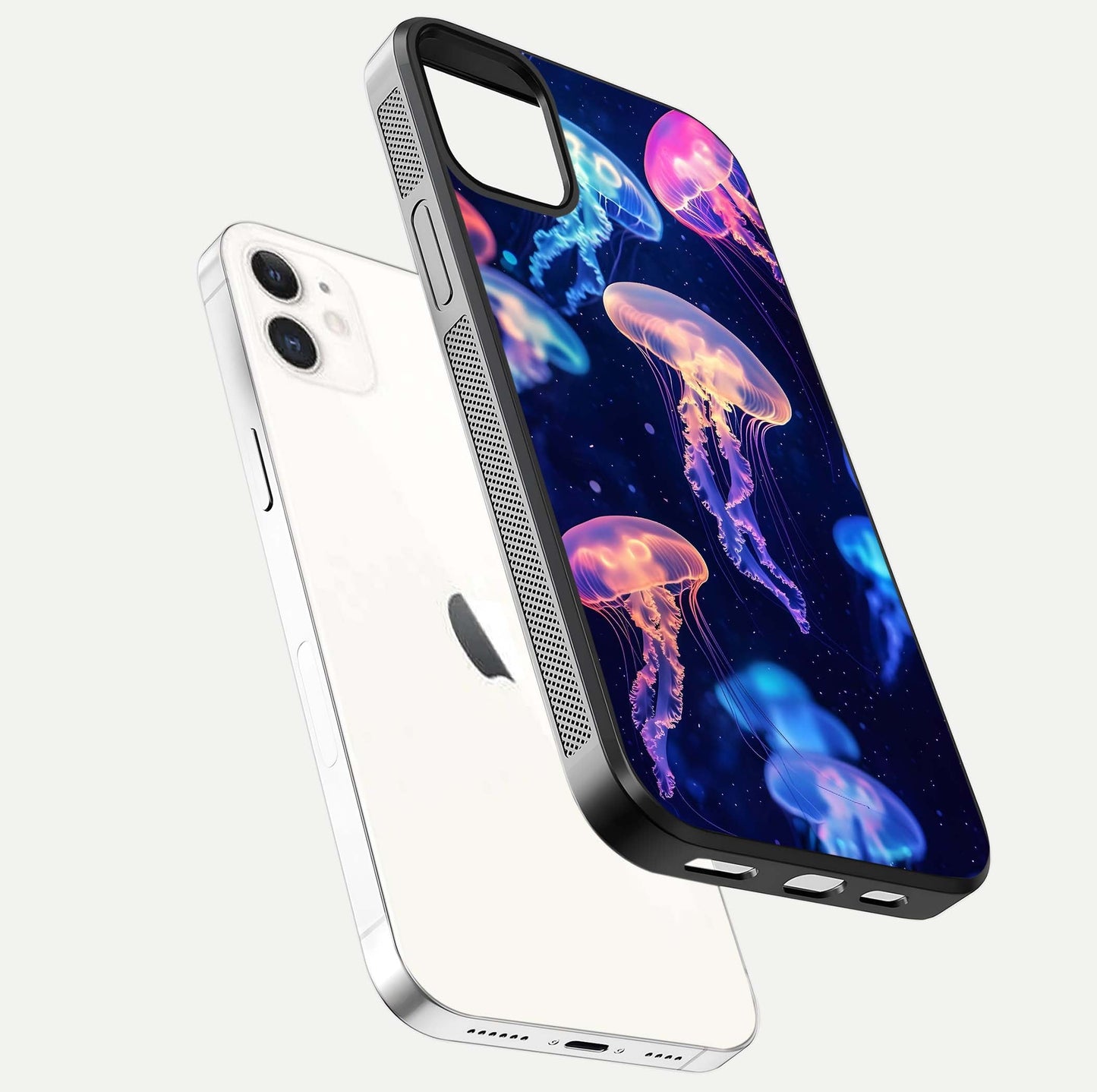 Jellyfish Pattern Glass Case for iphone-12 floating dual-view mockup showing gloss texture and oceanic depth