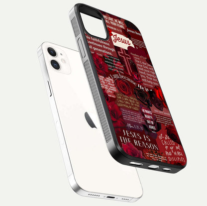 Jesus Love Heals Glass Case for iphone-12 floating dual-view mockup showing glossy shine and faith-inspired art