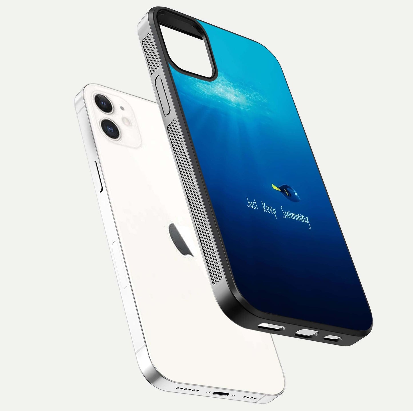 Just Keep Swimming Glass Case for iphone-12 floating dual-view mockup showing gloss brightness and wave motif
