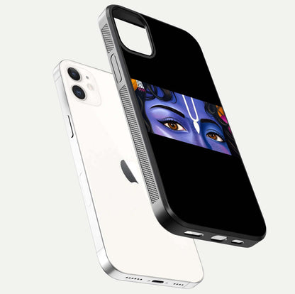 Krishna Eye Glass Case for iphone-12 floating dual-view mockup showing gloss surface and divine art depth