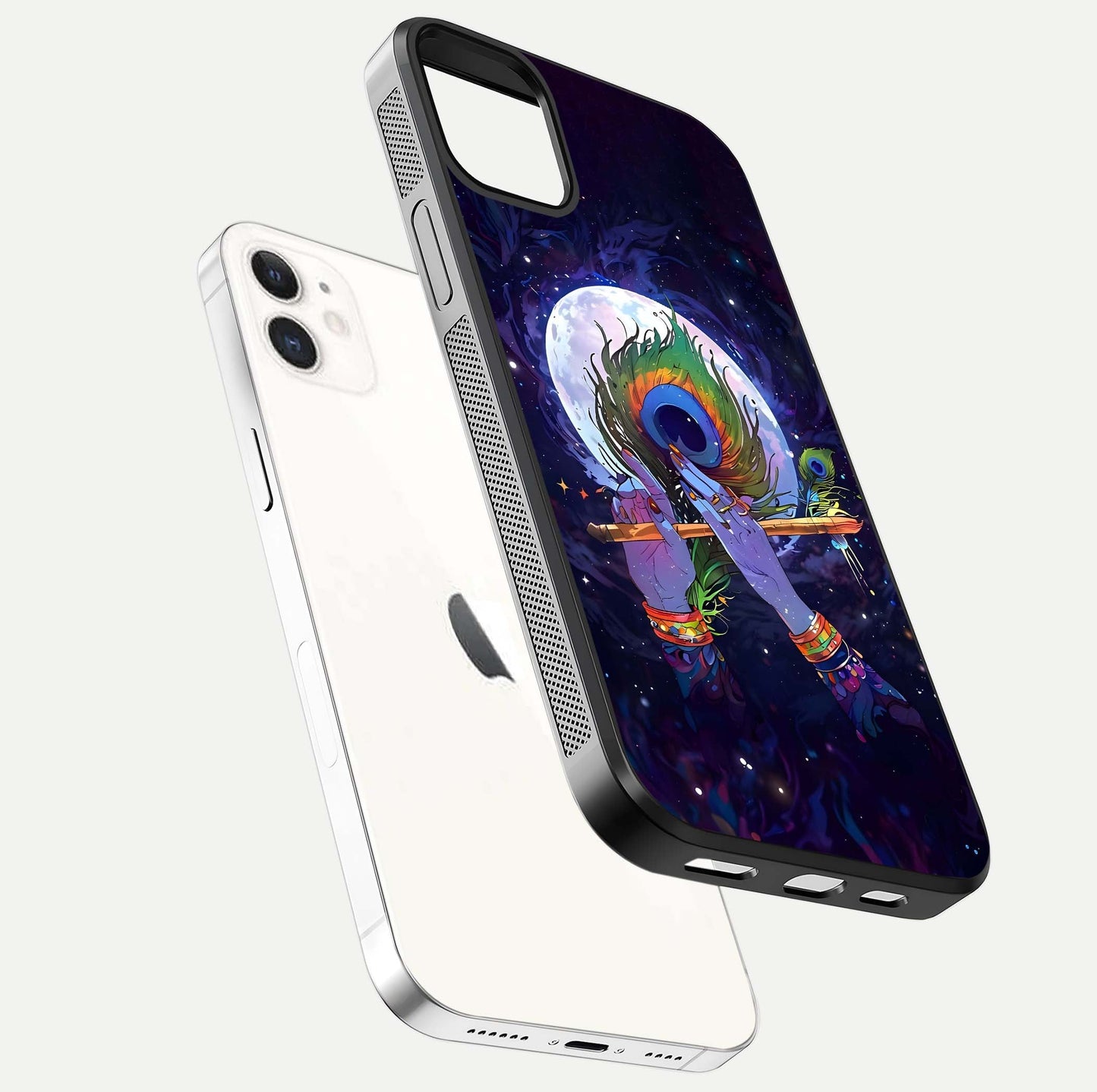 Krishna Hands Art Glass Case for iphone-12 floating dual-view mockup showing premium gloss reflection
