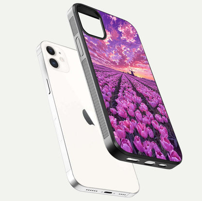 Lavender Dream Skies Glass Case for iphone-12 floating dual-view mockup showing gloss polish and pastel design