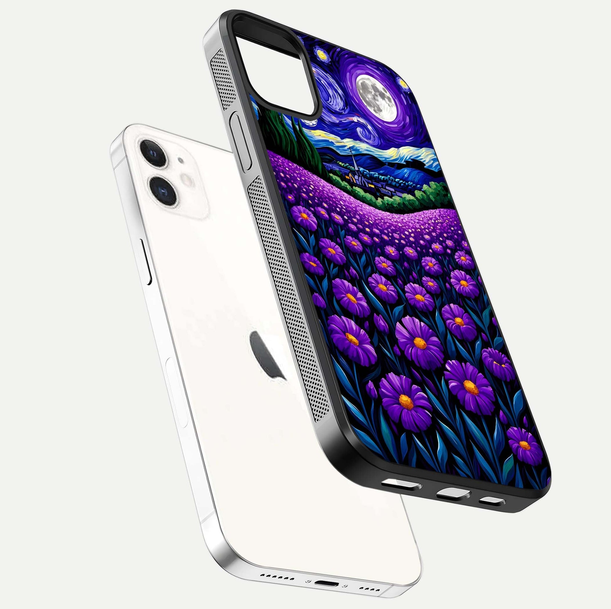 Lavender Moon Field Glass Case for iphone-12 floating dual-view mockup showing gloss surface and floral glow