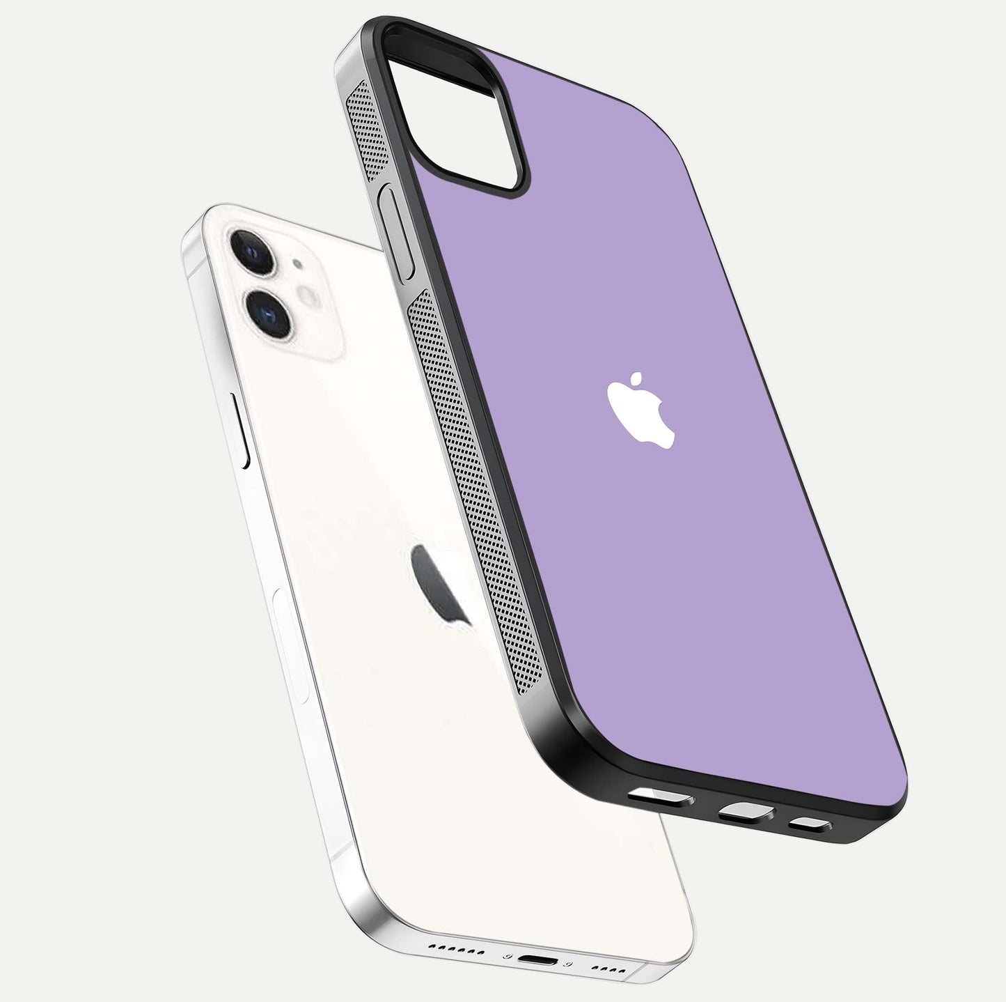 Lavender Soft Minimal Glass Case for iPhone 12 Mini floating dual-view mockup showing gloss reflection and pastel tone