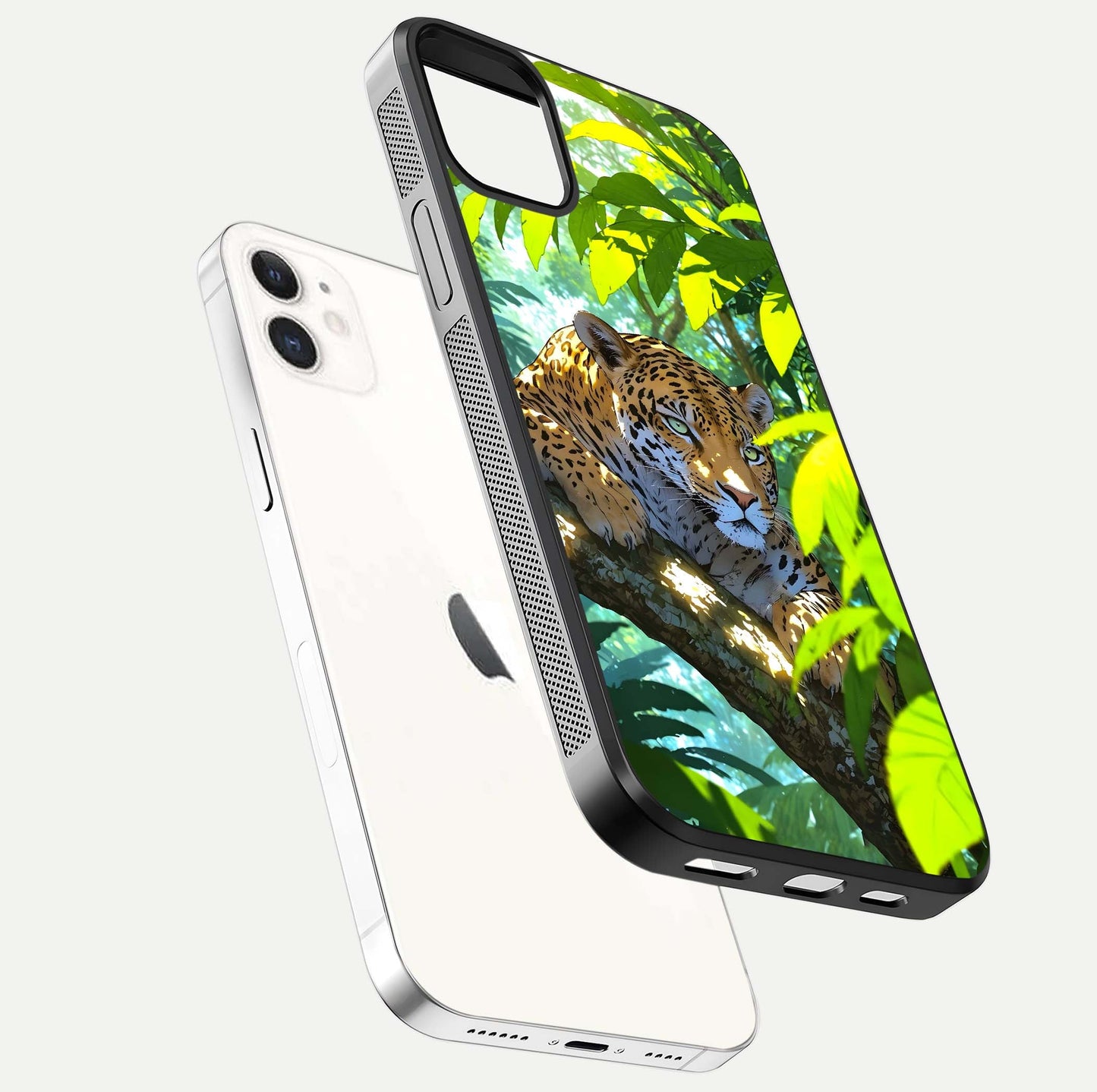 Leopard in Jungle Glass Case for iphone-12 floating dual-view mockup showing gloss finish and HD wild pattern