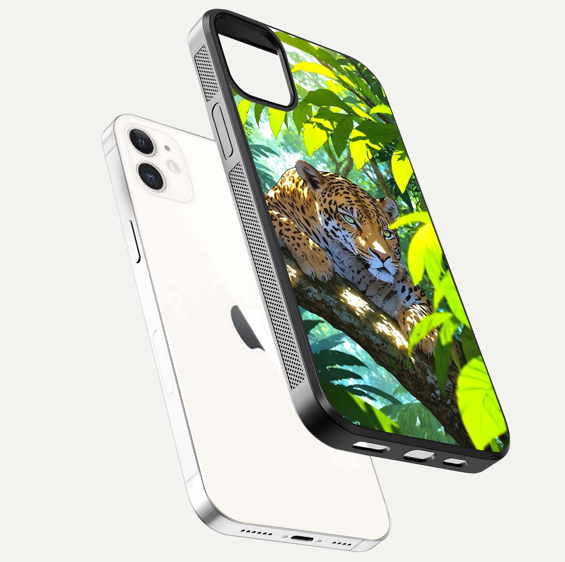 Leopard in Jungle Glass Case for iphone-12 floating dual-view mockup showing gloss finish and HD wild pattern