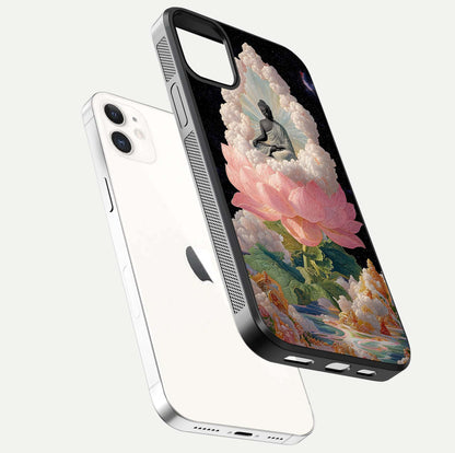 Lotus Divine Peace Glass Case for iphone-12 floating dual-view mockup with glass glow and spiritual calm art
