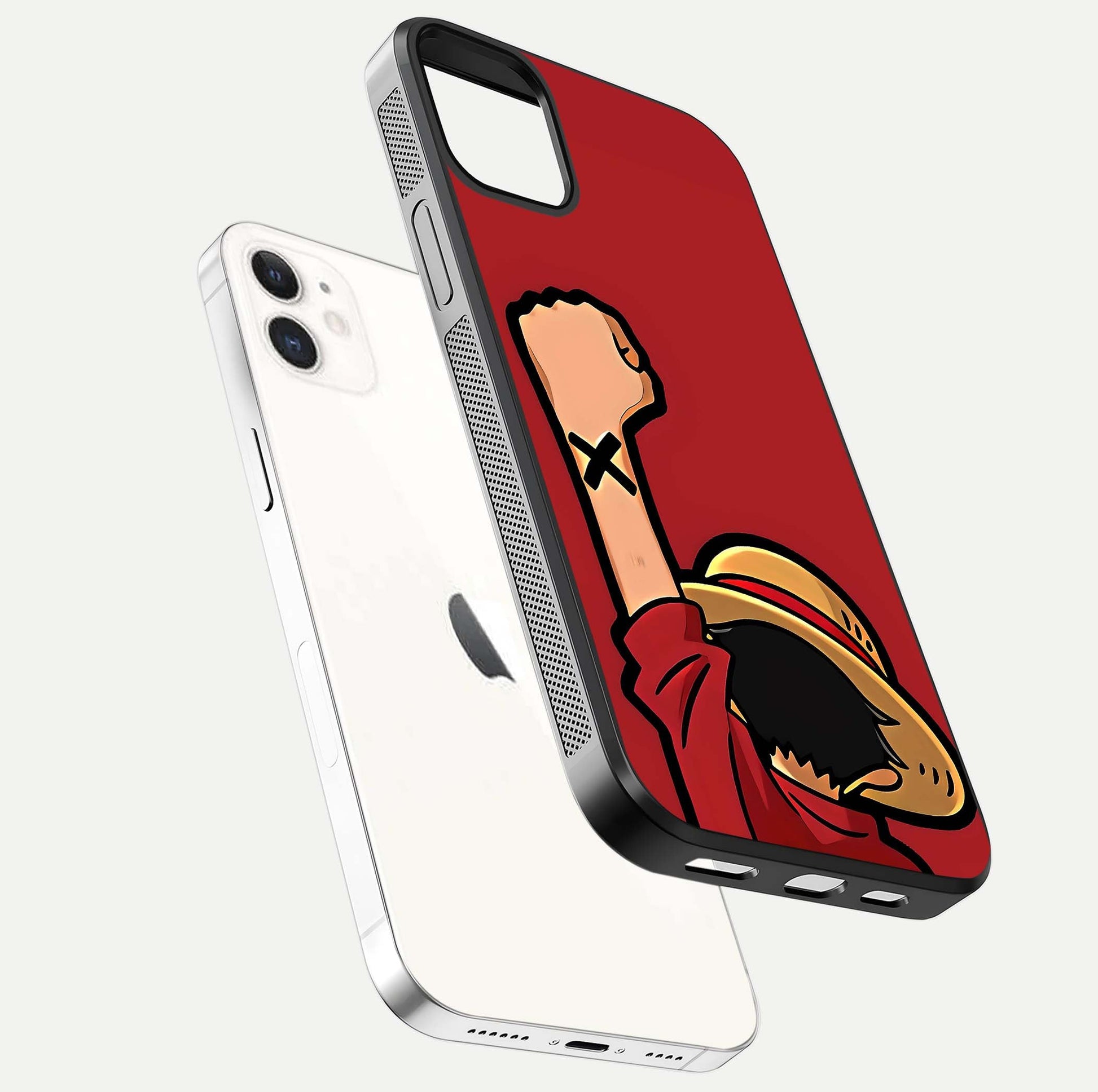 Luffy X Spirit Glass Case for iphone-12 floating dual-view mockup showing gloss polish and vibrant color depth