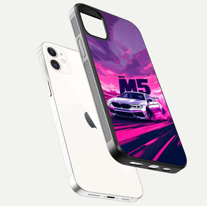 MS Neon Car Glass Case for iphone-12 floating dual-view mockup showing HD gloss and electric color tones
